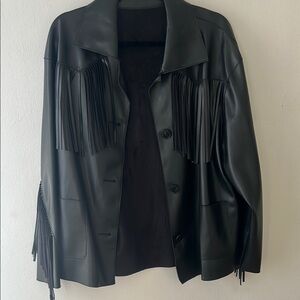 Mango faux Black Leather Jacket with fringe